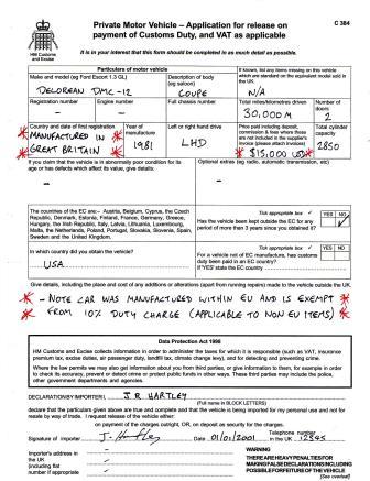 form customs example excise value highlighted essentially fields key delorean